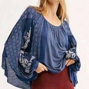 Free People Indigo Dreams Super Oversized Tunic Top, Navy Size Small